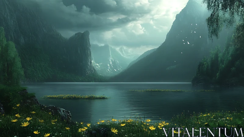 Emerald mountains rise above tranquil lake under stormy sky.