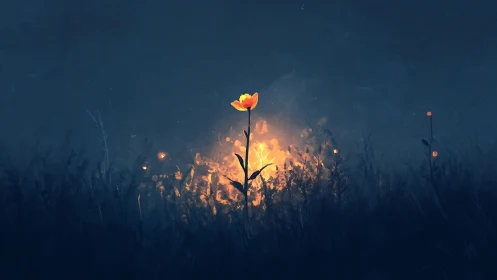 Single illuminated flower stands against dark blue field