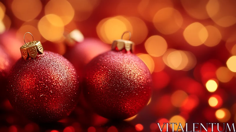 Sparkling red Christmas baubles glowing with cozy cheer.