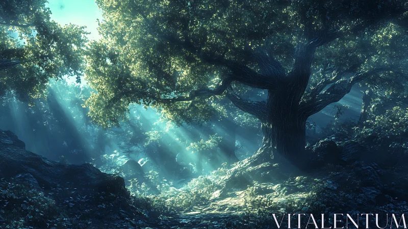 Ancient forest tree catches angled sunrays through mist