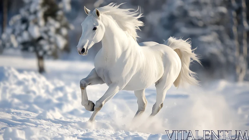 White horse runs freely through glowing winter snow