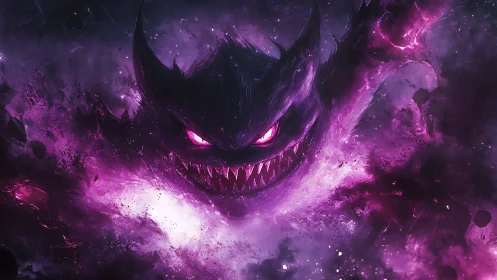 Dark ghostly monster with glowing eyes in purple storm
