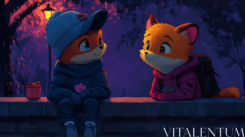 Anthropomorphic fox characters on wall at dusk scene.