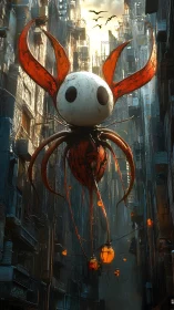 Ghost lantern sentinel drifts through rusted city canyons.