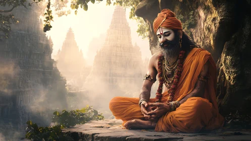 Soft morning light surrounds a serene sage in orange robes