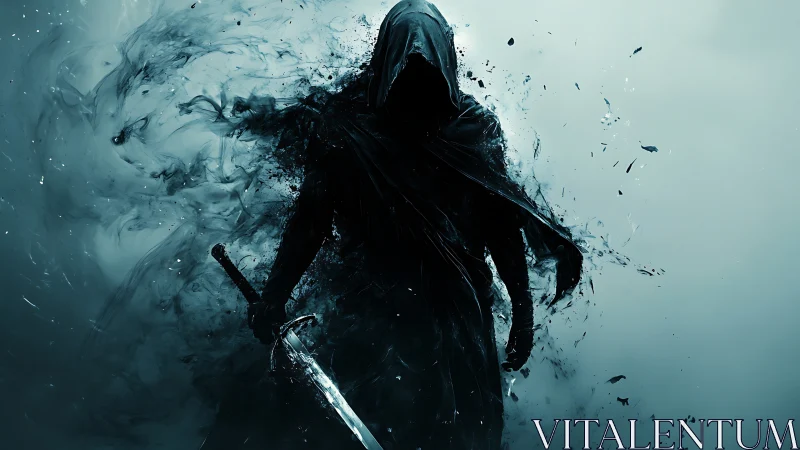 Shrouded sword wraith emerging from swirling black mist.