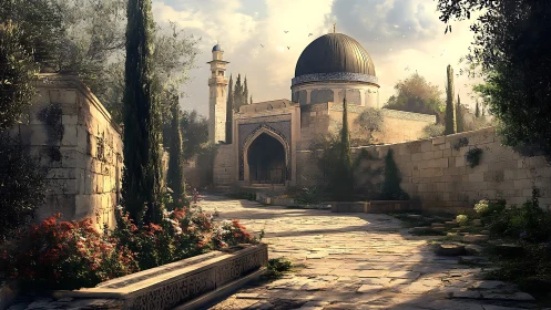 Sunlit courtyard path to a tranquil domed sanctuary.