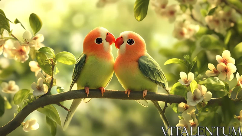 Two Colorful Lovebirds on a Blossoming Branch, Soft Pastel Art.