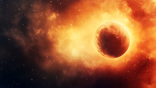 Molten planet drifts through blazing cosmic nebula.