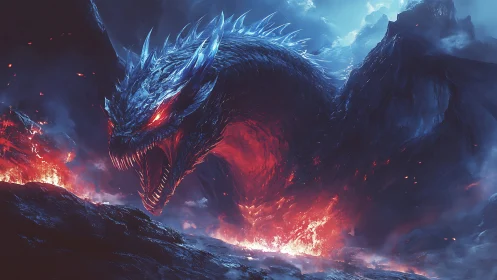 Icefire dragon roars over volcanic abyss in storm.