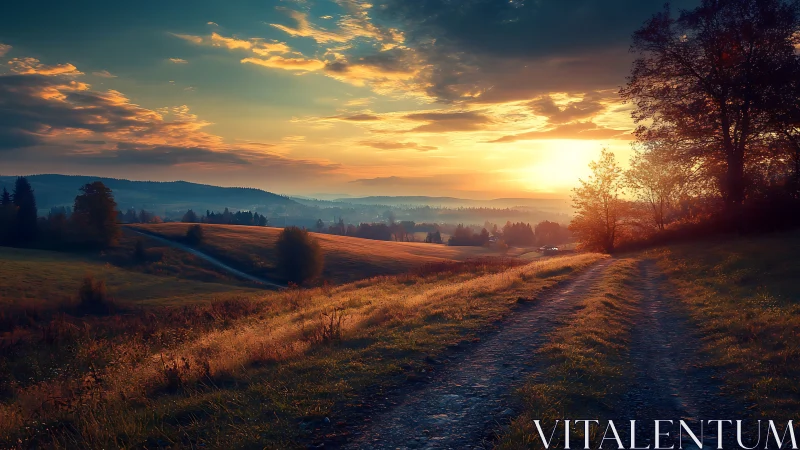 Country dirt road glows under cinematic golden sunset sky.