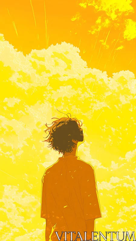 Silhouetted youth studies blazing golden sky in solitude.