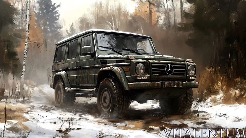 Off road SUV in snowy forest environment, digital rendering.
