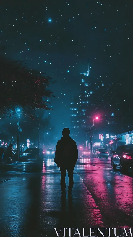 Silhouetted lone figure walks through neon soaked rainy street