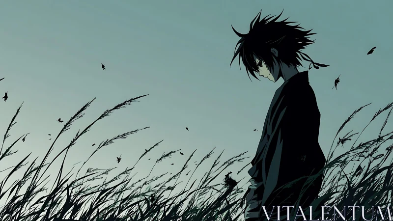 Melancholic anime figure in windswept grass at dusk