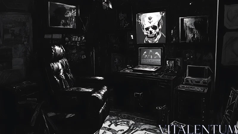 Midnight hacker&rsquo;s lair glows beneath a grinning digital skull.