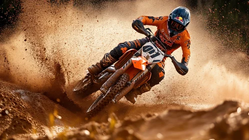 Motocross rider cutting through mud spray in golden light.