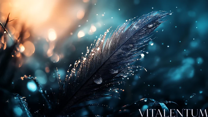 Soft feather glows in dreamy light and sparkling raindrops