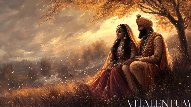 Autumn-lit Sikh couple in ornate ceremonial attire, seated hillside.