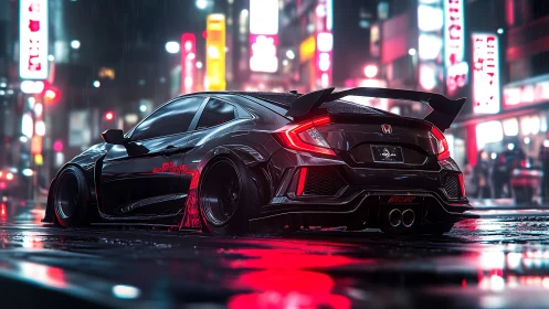 Modified black coupe under neon rain in urban nightscape.