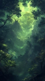 Luminescent canyon landscape with layered tree silhouettes