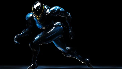 Metallic humanoid figure in dynamic, low-lit running pose.