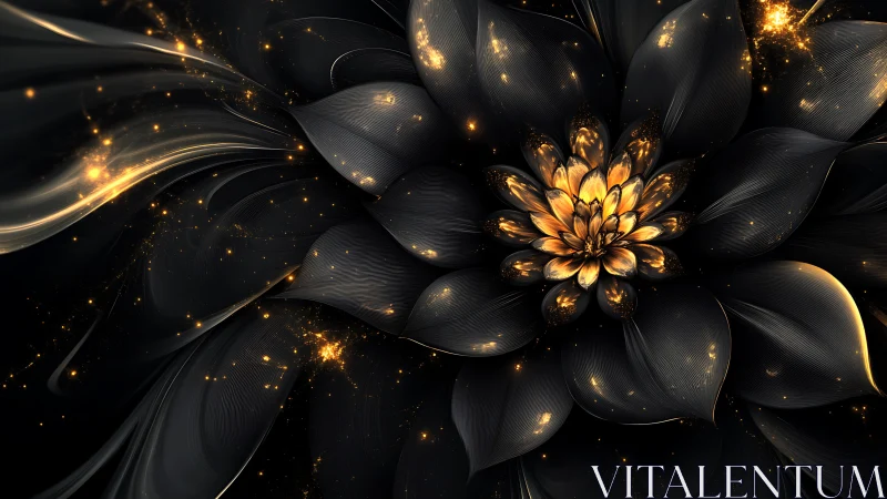 Midnight obsidian bloom ignites with molten golden starlight.