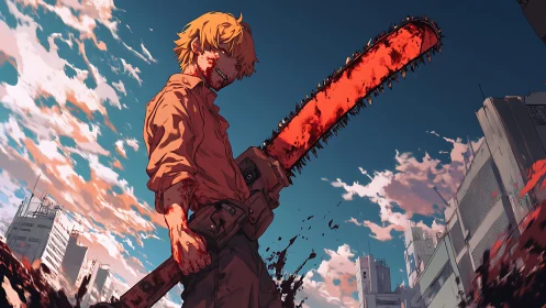 Bloodied chainsaw fighter dominates low-angle urban skyline