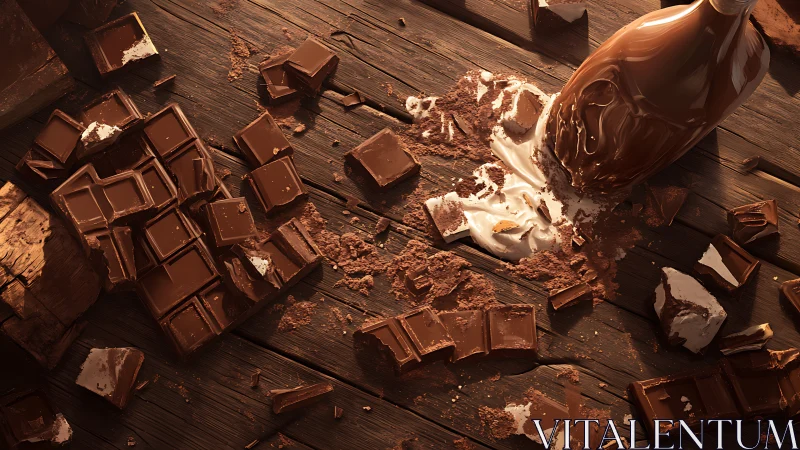 Chocolate blocks and spilled cream lie scattered on wood