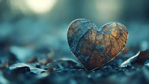 Heart-shaped leaf catches warm light on damp ground
