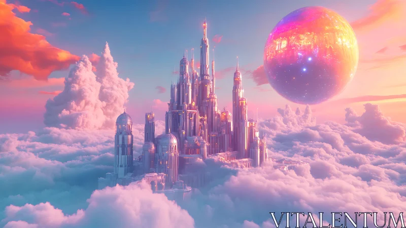 Iridescent cloud city with reflective sphere under warm volumetric sky