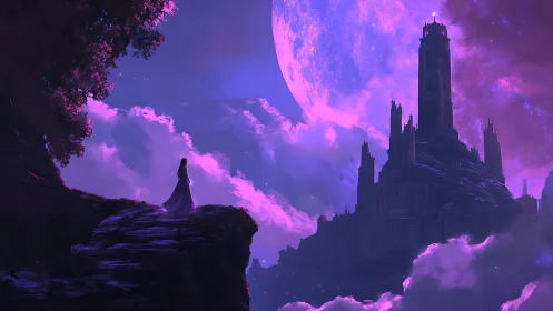 Solitary robed figure overlooking distant lunar citadel.