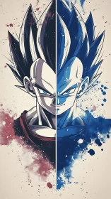 Split-powered warrior portrait in bold anime splashes.