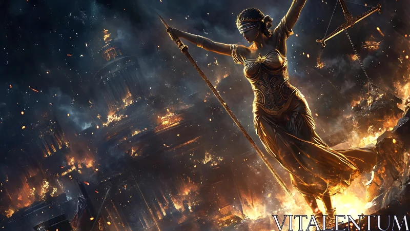 Digital painting of blindfolded Justice amid burning cityscape.