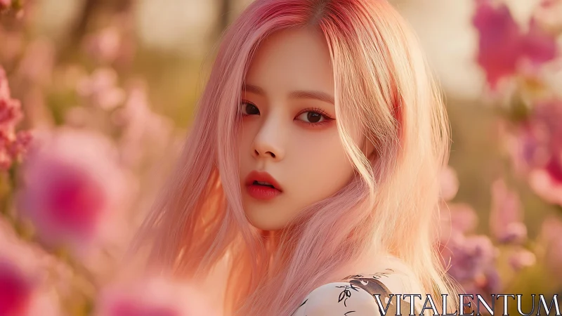 Blush haired muse pausing softly amid golden spring blooms.