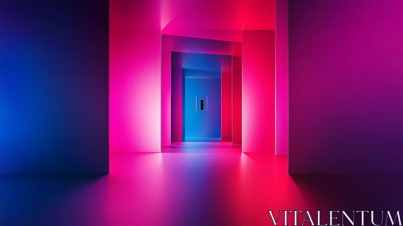 Glowing neon hallway leading toward a calm blue doorway.