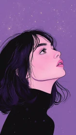 Side-profile digital portrait of girl under violet starfield
