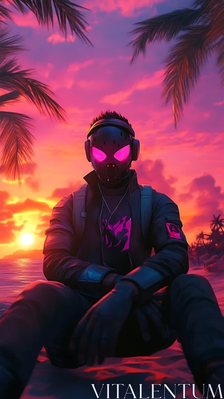 Masked cyberpunk figure on neon sunset beach shoreline.