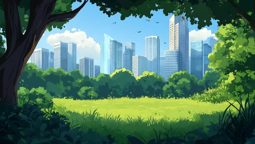 Urban Park Green Space with City Skyline.