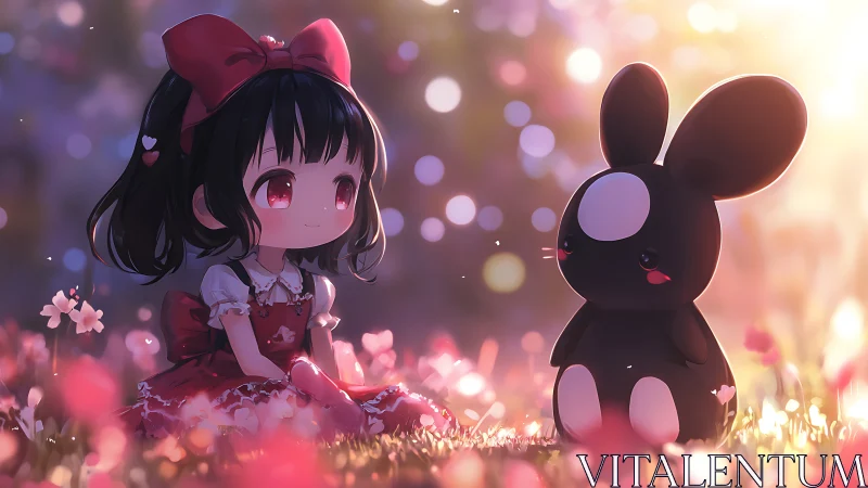 Sunlit meadow whispers with a girl and shy bunny friend.