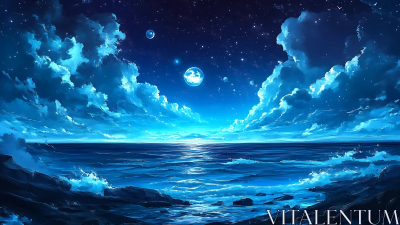 Lunar-illuminated ocean horizon under cinematic night sky