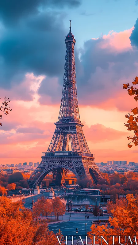 Sunset hues warmly embrace the Eiffel Tower above Paris