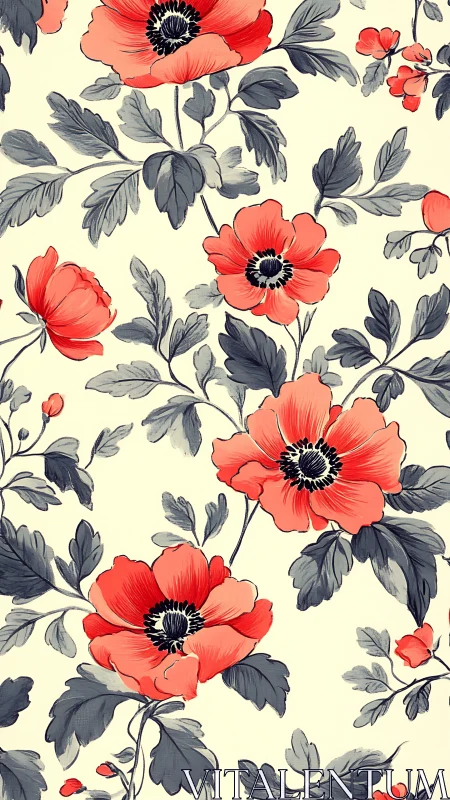 Coral poppy floral pattern with graphite leaves on cream ground.