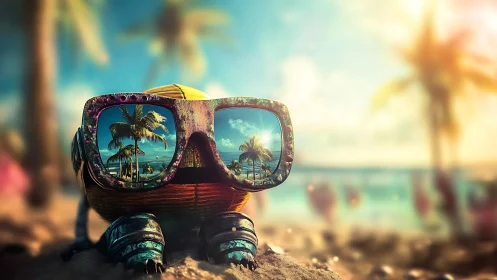 Stylized beach crab model wears reflective sunglasses calmly