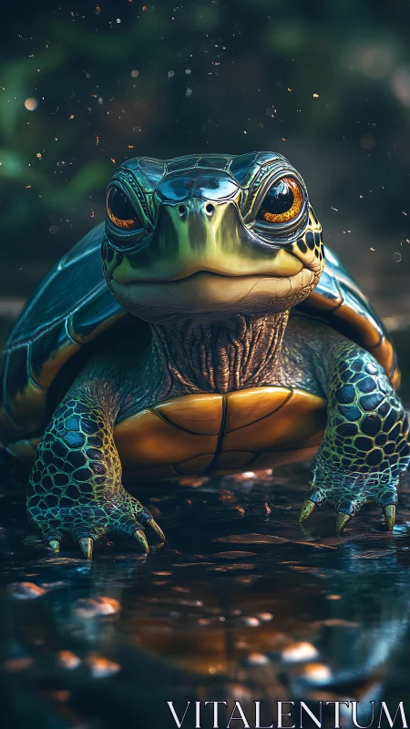 Gentle forest turtle pauses by the water with calm curiosity