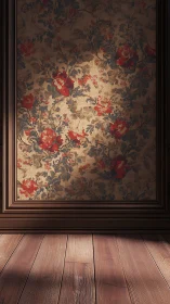 Framed floral wall panel meets wooden plank floor surface