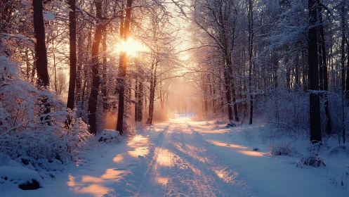 Winter forest road at sunrise with snow coverage