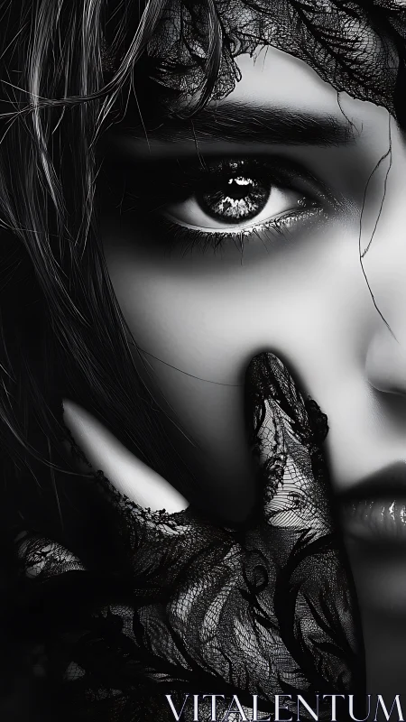 Monochrome close-up of partially veiled female face detail.