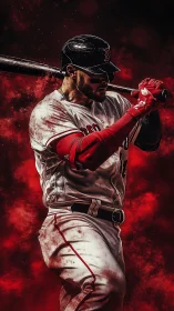 Crimson storm slugger poised in fiery batter’s box glow.