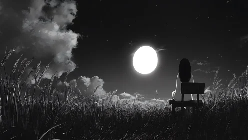 Solitary girl on bench gazes at luminous moonlit sky.